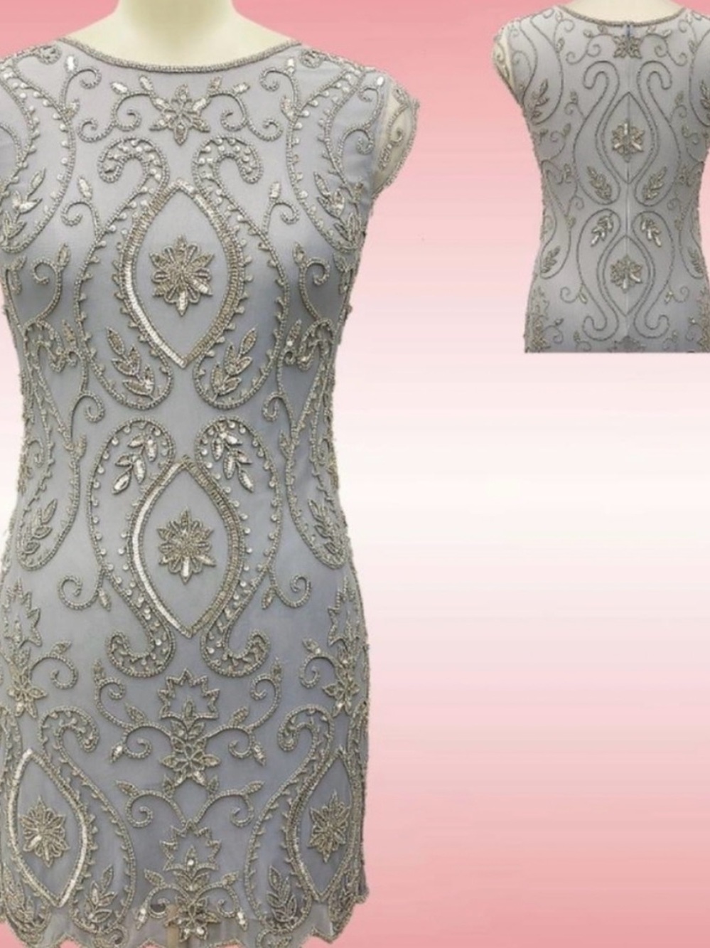 J Kara Silver-Beaded Light Gray Mini Dress